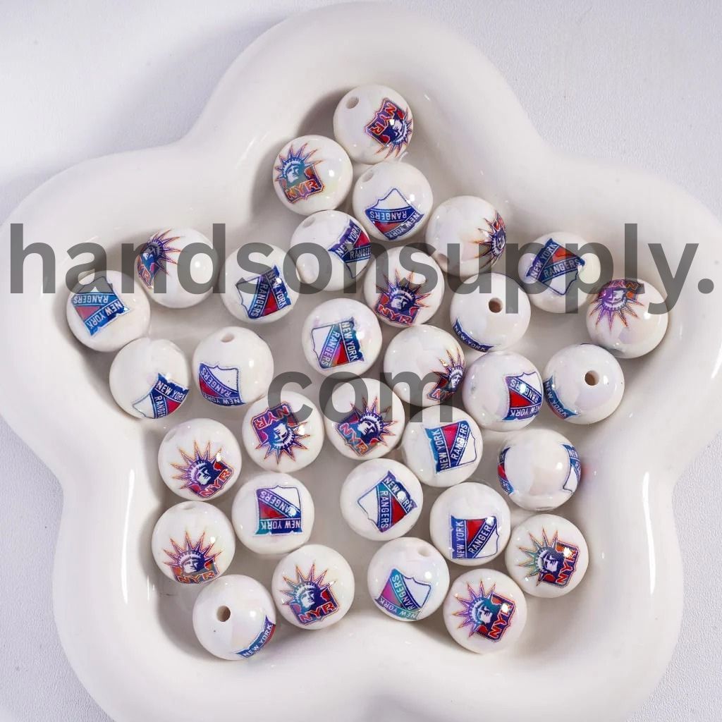 Round UV Coating Ice Hockey Team Pattern Acrylic Beads for Bracelets, 16MM