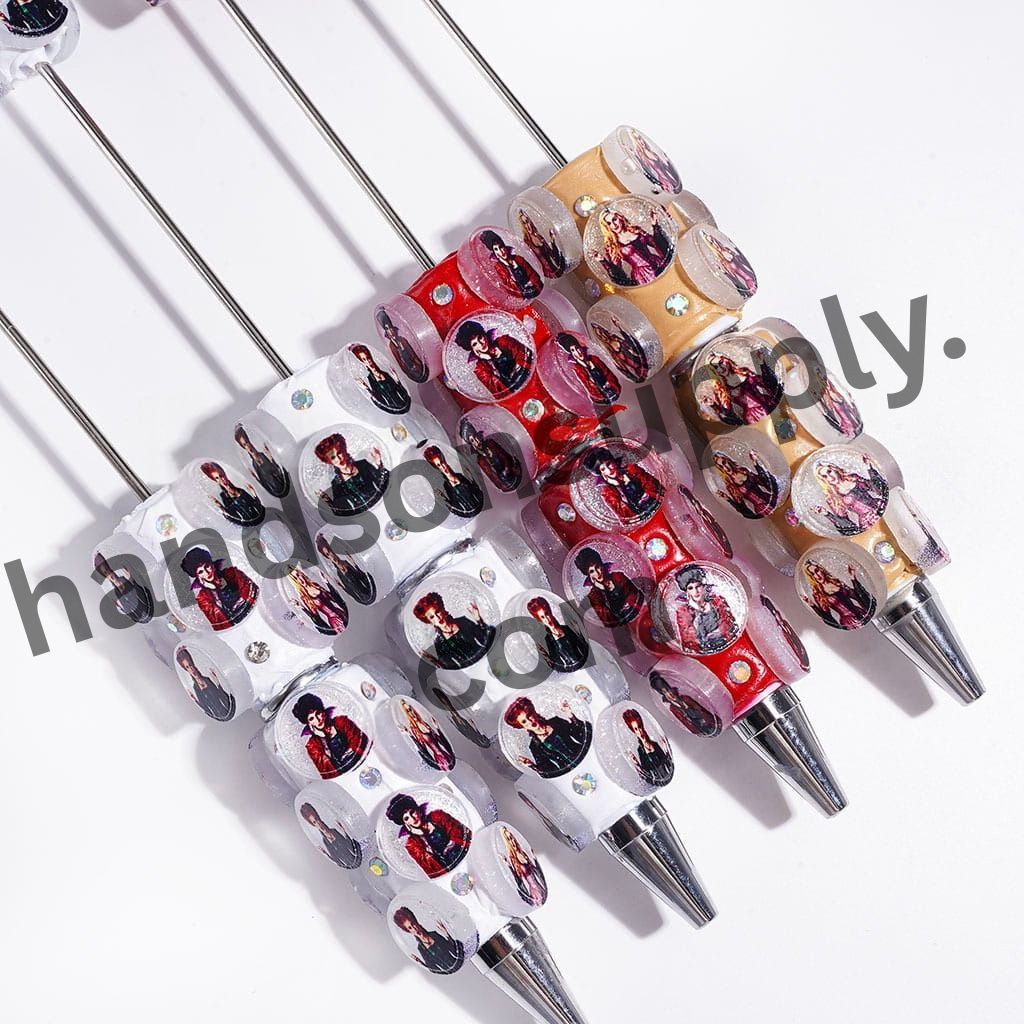 Creepy Sister Characters Printed on Glittery Rounded Pieces with Sparkling AB Rhinestones Beadable Clay Pen