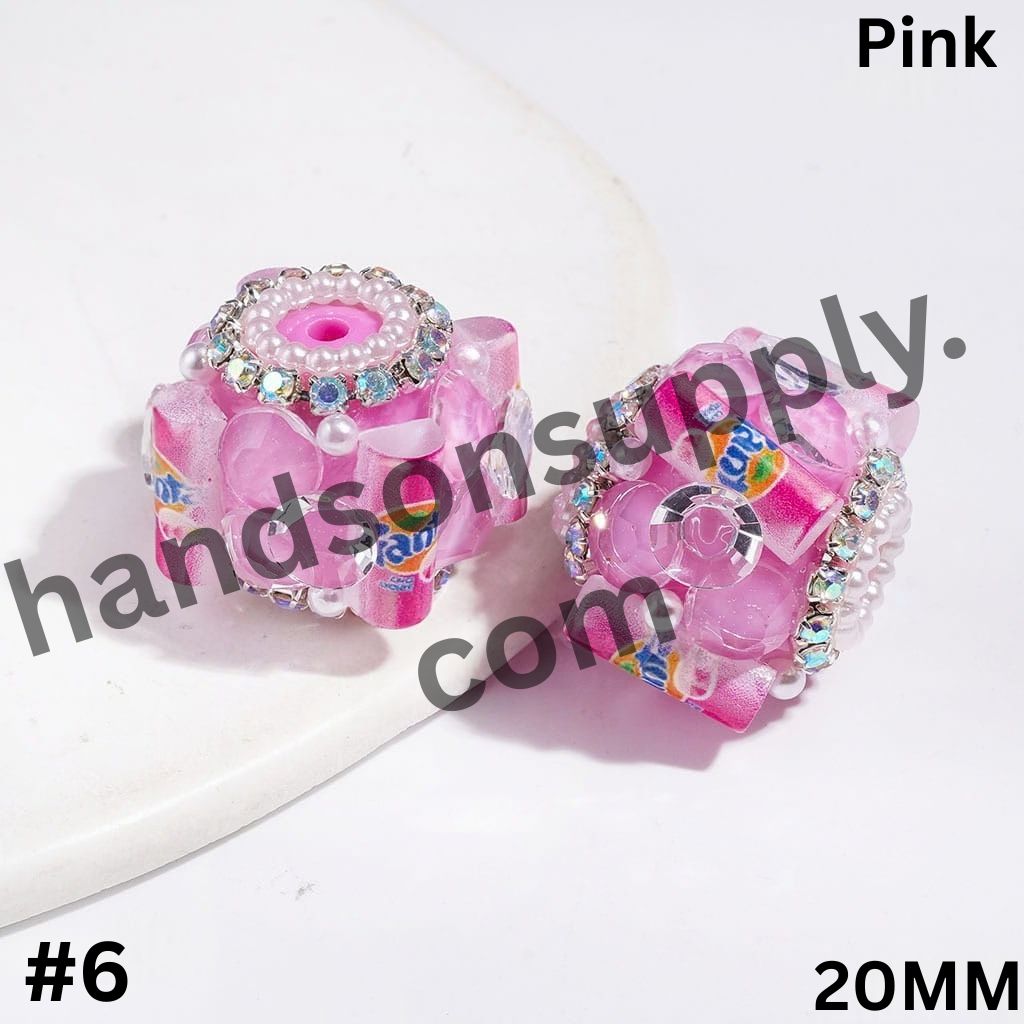 UV-Coated Famous Soft Drink Can Design with Large Cone-Shaped Rhinestones, AB Rhinestones & White Pearl Chains Handmade Acrylic Sugar Beads, 20MM, Multicolor