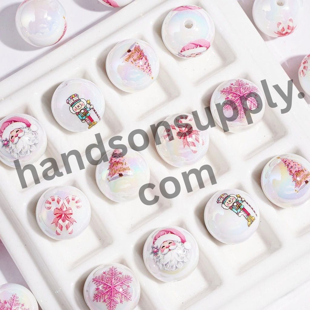 UV-Coated Festive Tree, Snowflake, Santa Claus, Candy Cane & Wooden Nutcracker Soldier Christmas Theme Printed Round Acrylic Beads for Bracelets, 16MM, Random Mix