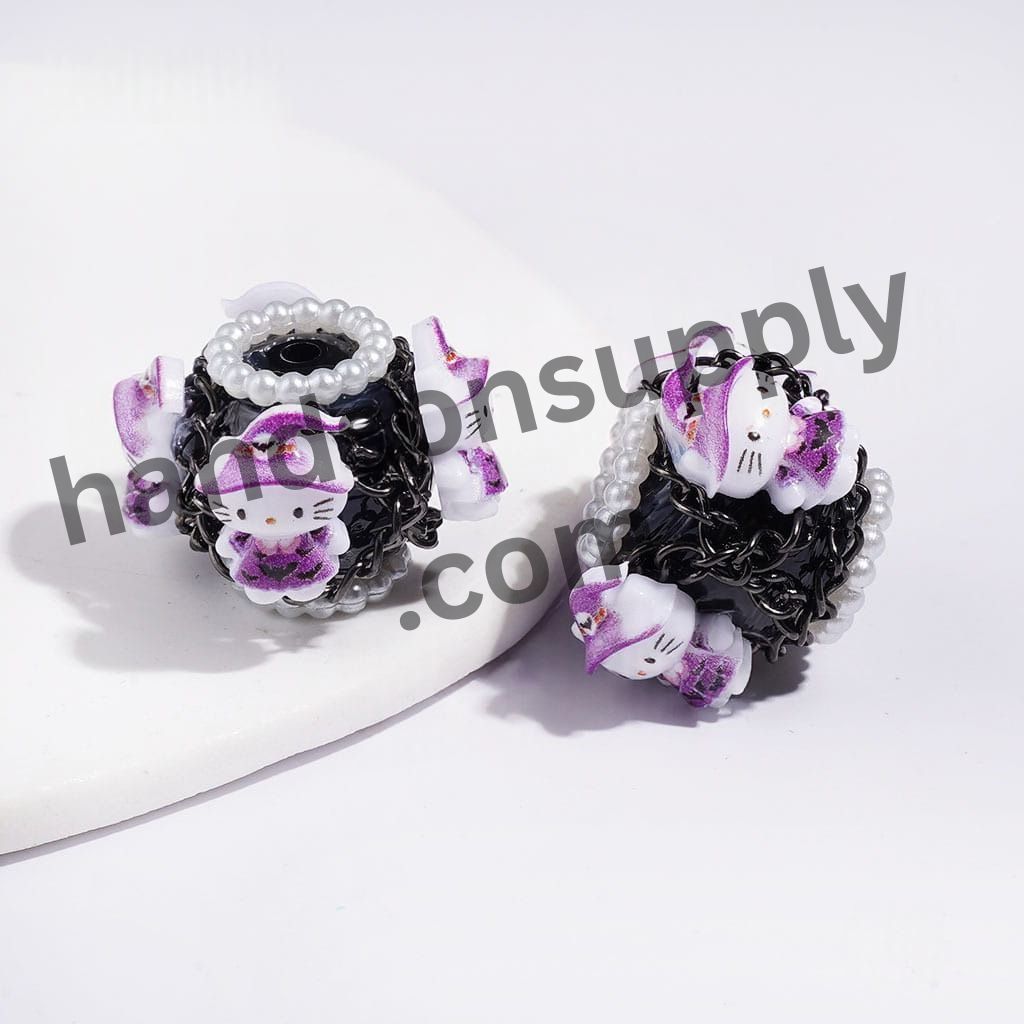 Hand-Made Acrylic Beads Halloween Cute Cat Character Series, w White Pearl & Gun Black Chains, 20MM Multi Colors