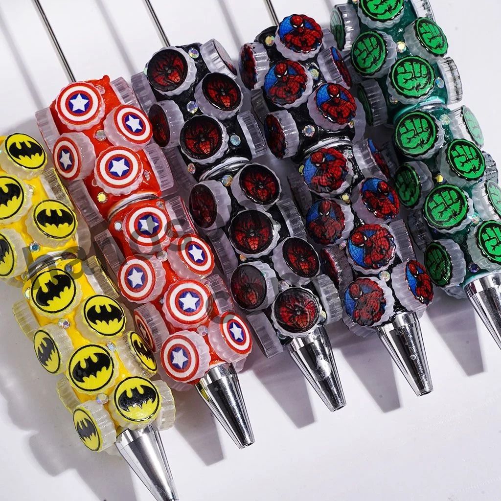 Bold Superhero Character Steel Man, Spider & Green Giant with Bottle Cap Lids & AB Rhinestones Beadable Clay Pens, Random Mix