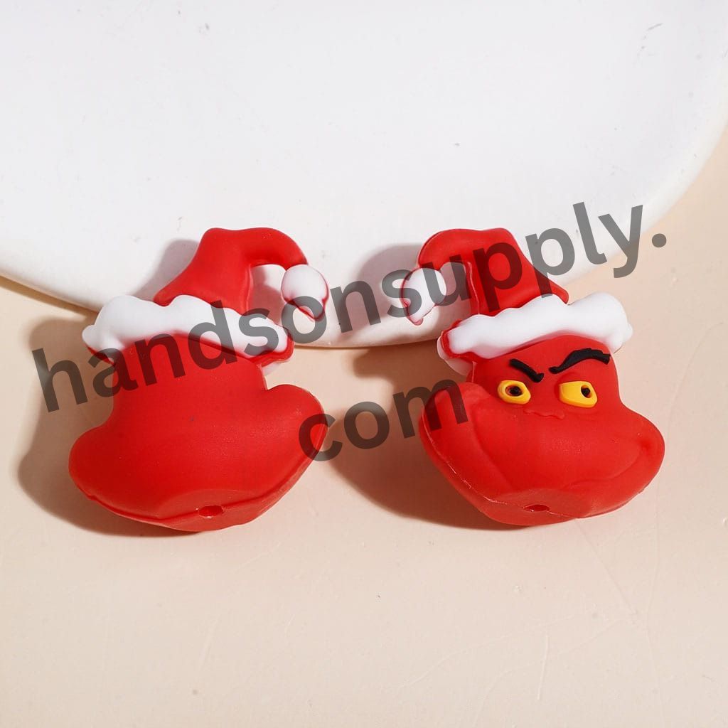 3D Cute Green Grinch Christmas Character with Santa Hat, Silicone Focal Beads Multi-Color Random Mix