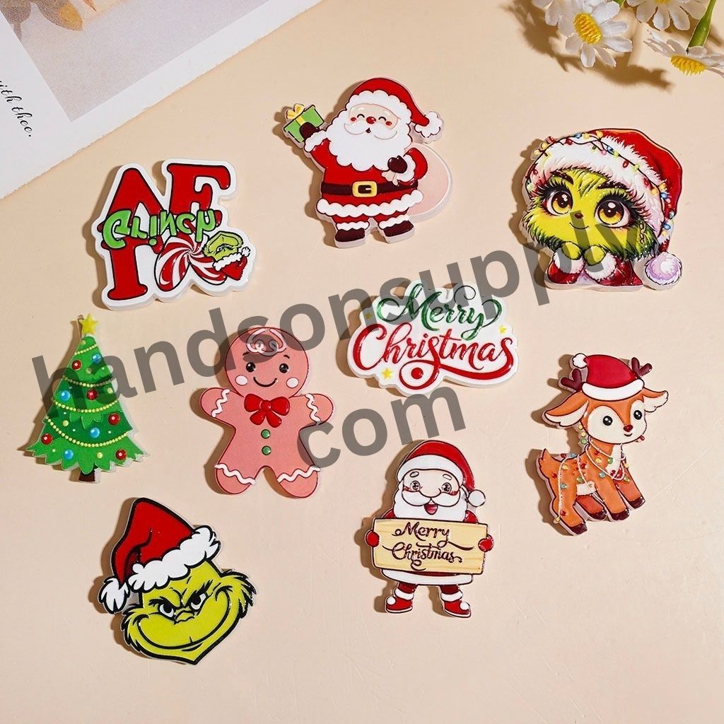 Adorable Festive Santa Claus, Gingerbread Man, Tree, Reindeer & Green Character Christmas Theme Acrylic Beads, Random Mix