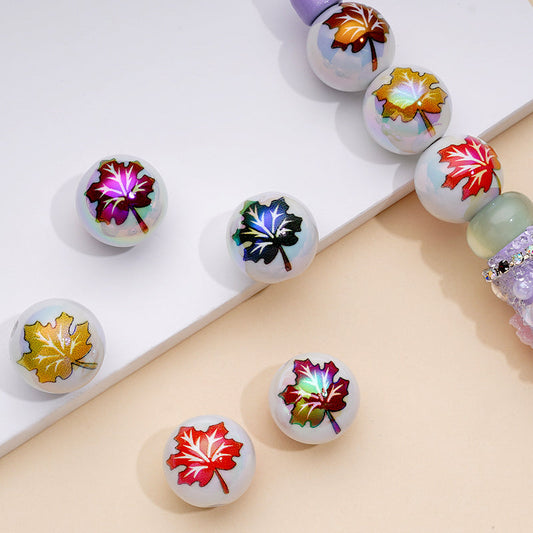 Round UV Finish Maple Leaf White Acrylic Beads, Random Mix, 16MM