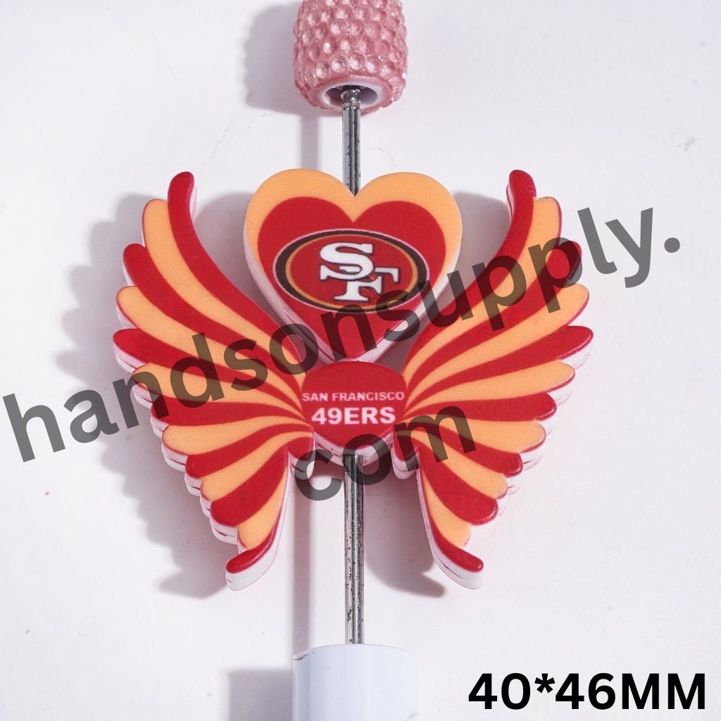 SF American Football 49ers Team Pattern Heart and Wing Silicone Focal Beads Set, 40*46MM