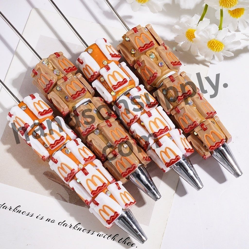 Fun Fast Food Bag with Sparkling AB Rhinestone, White, Orange & Light Brown Beadable Clay Pens