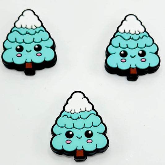 Teal Pine Tree with Cute Smile Face White Snow Silicone Focal Beads