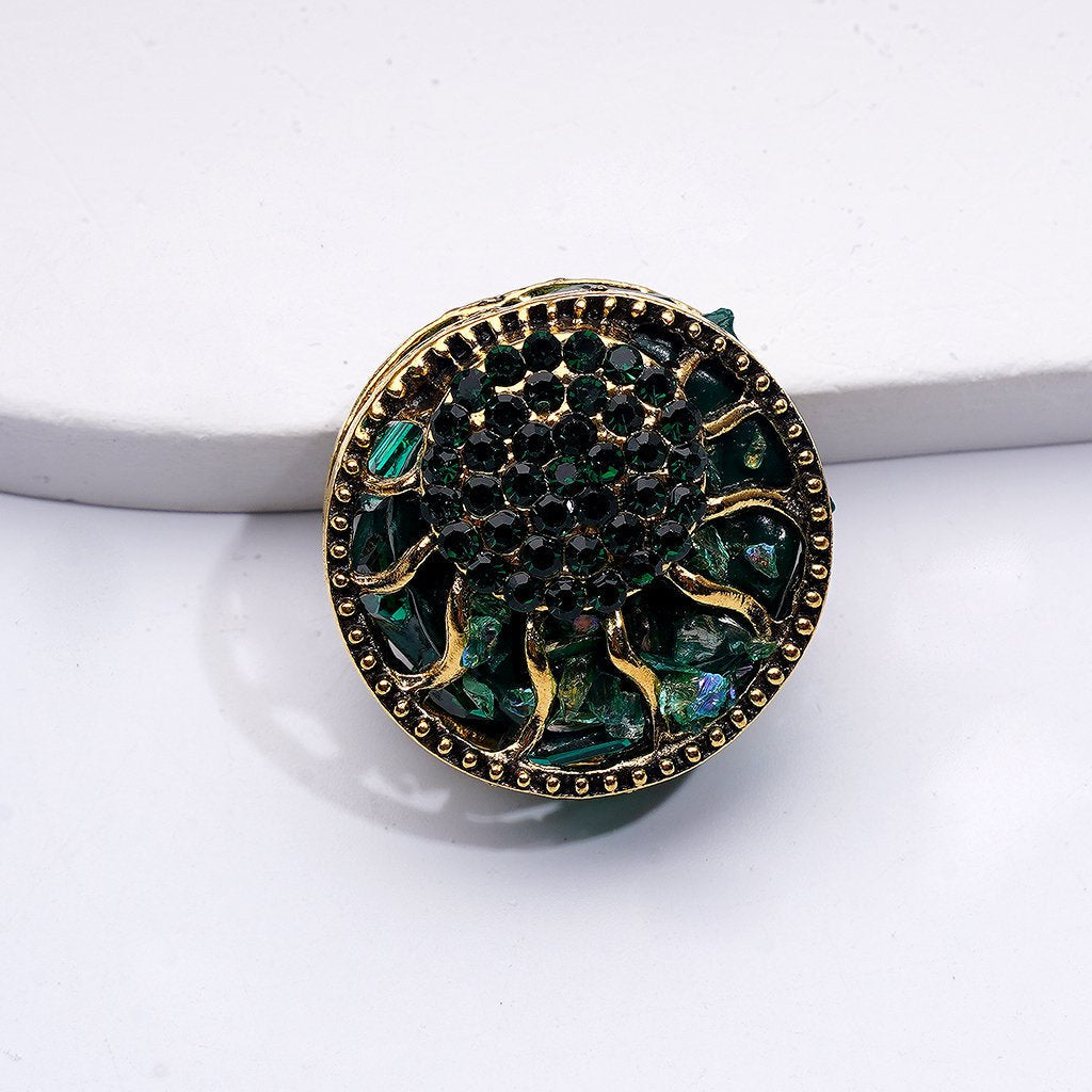 Gold Alloy Ring Fancy Delicate with Shiny Rhinestones Oval Pearls and Decorative Clay beads Around 24MM