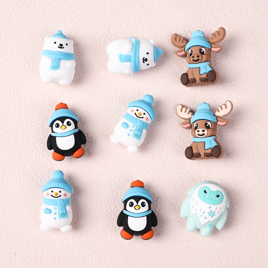 3D Winter Animals Set Polar Bear, Penguin, Snowman, Elk, Yeti Silicone Focal Beads