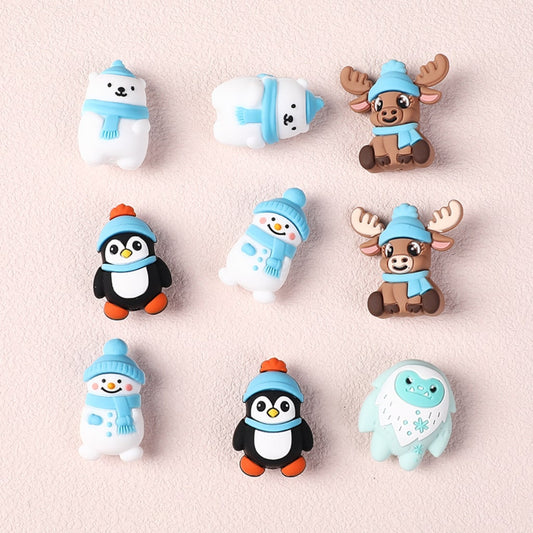 3D Winter Animals Set Polar Bear, Penguin, Snowman, Elk, Yeti Silicone Focal Beads