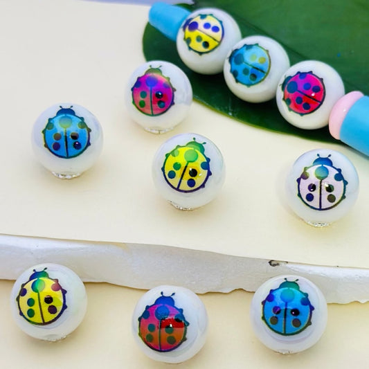 Cute Ladybugs White Round UV Finish Acrylic Beads, 16MM, Random Mix
