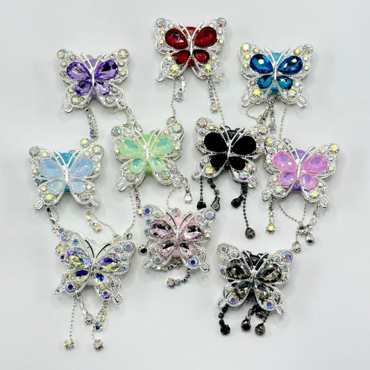 Fancy Bling Butterfly Alloy Clay Beads with Rhinestones and Pendant Chains, 34mm by 40mm