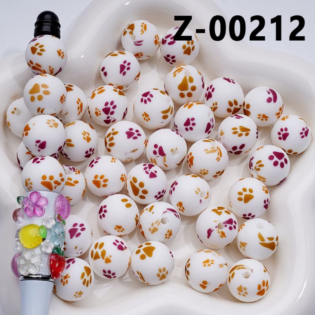 Cute Paw Prints White Printed Silicone Beads 15MM, Number Z-00212