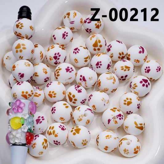 Cute Paw Prints White Printed Silicone Beads 15MM, Number Z-00212