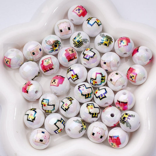 UV Coating White Acrylic Beads Sandbox Game Animal Series, Round Design, Mixed Set, 16MM