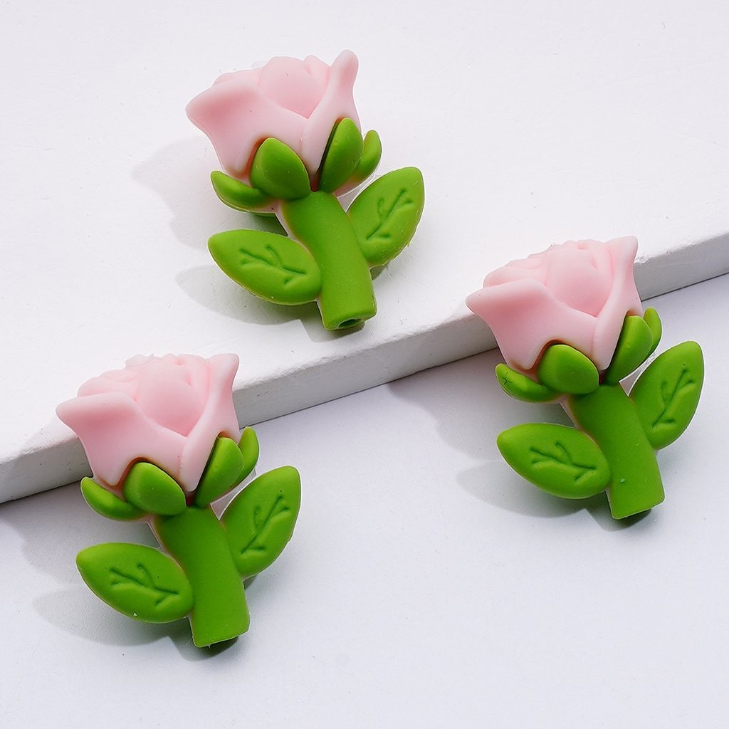 3D Rose Flower Silicone Focal Beads – Cute Multicolor Design in Red, Purple, Pink & Yellow