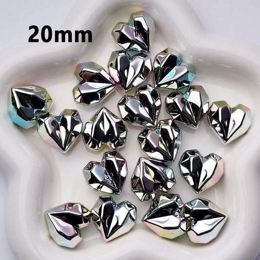 Laser Galaxy Iridescent Holographic Metallic Silver Color Geometric Polyhedral Heart Acrylic Beads, Around 20MM