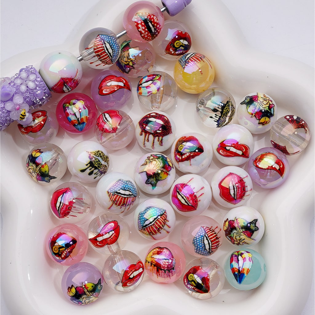 UV Coating USA America Patriotism Multi-Color Lips Jelly White Clear Round Acrylic Beads 16MM