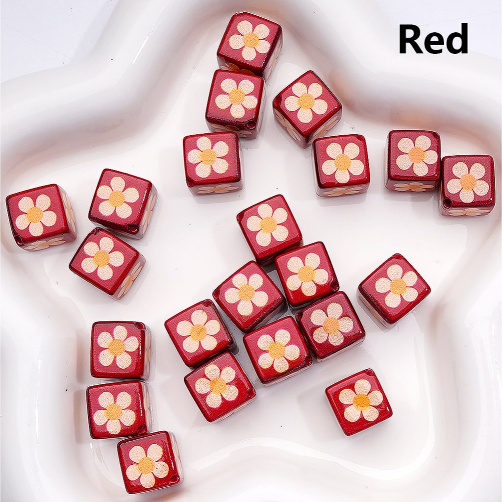 Square Cube with Mini Flowers 12MM Solid Colors Acrylic Beads Single Color Option