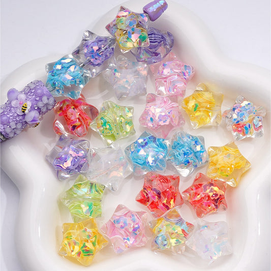 Star Shape with Mini Colorful Flower Flakes Clear Acrylic Beads 22MM (Single Color is available for 200pcs(Whole Bag))