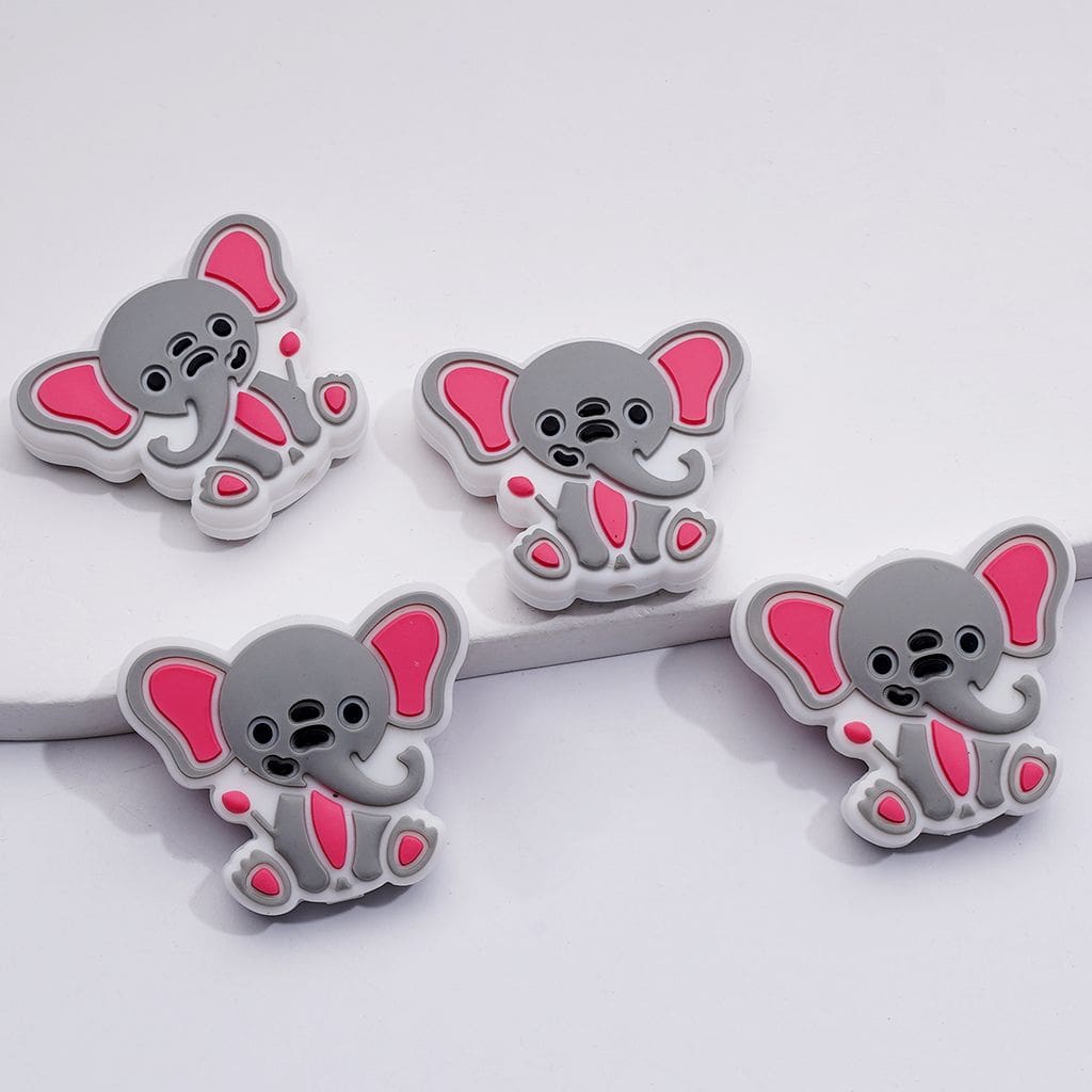 Gray Elephant with Cute Big Red Ears Silicone Focal Beads