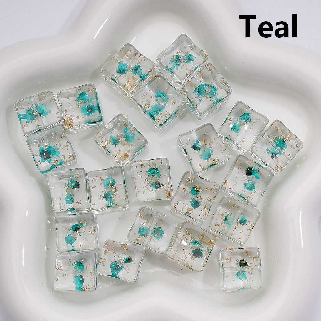 Multi-Color Clear Cube Square Acrylic Beads 14–15MM Dried Flowers Gold Foil Paper Inside (Single Color is available for 200pcs Whole bag)