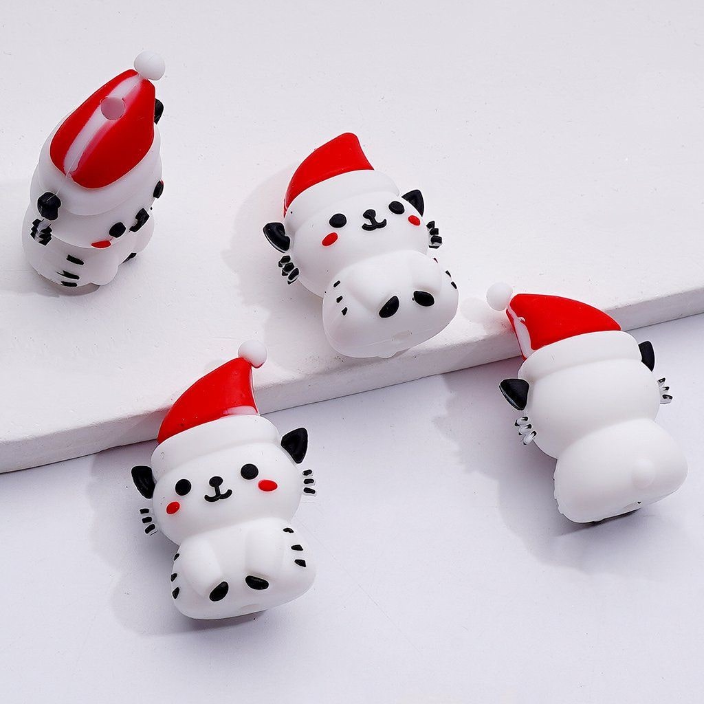 Adorable 3D White Kitten with Red Christmas Hat Silicone Focal Beads