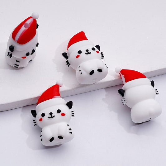 Adorable 3D White Kitten with Red Christmas Hat Silicone Focal Beads