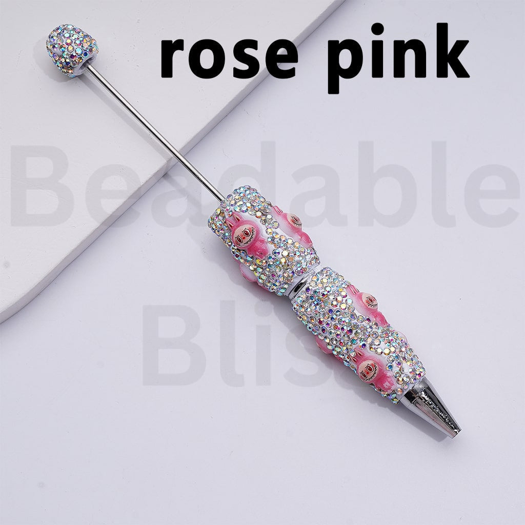 White Color Beadable Clay Pens with Cute Monster Doll AB Rhinestones Covered the Entire Pen