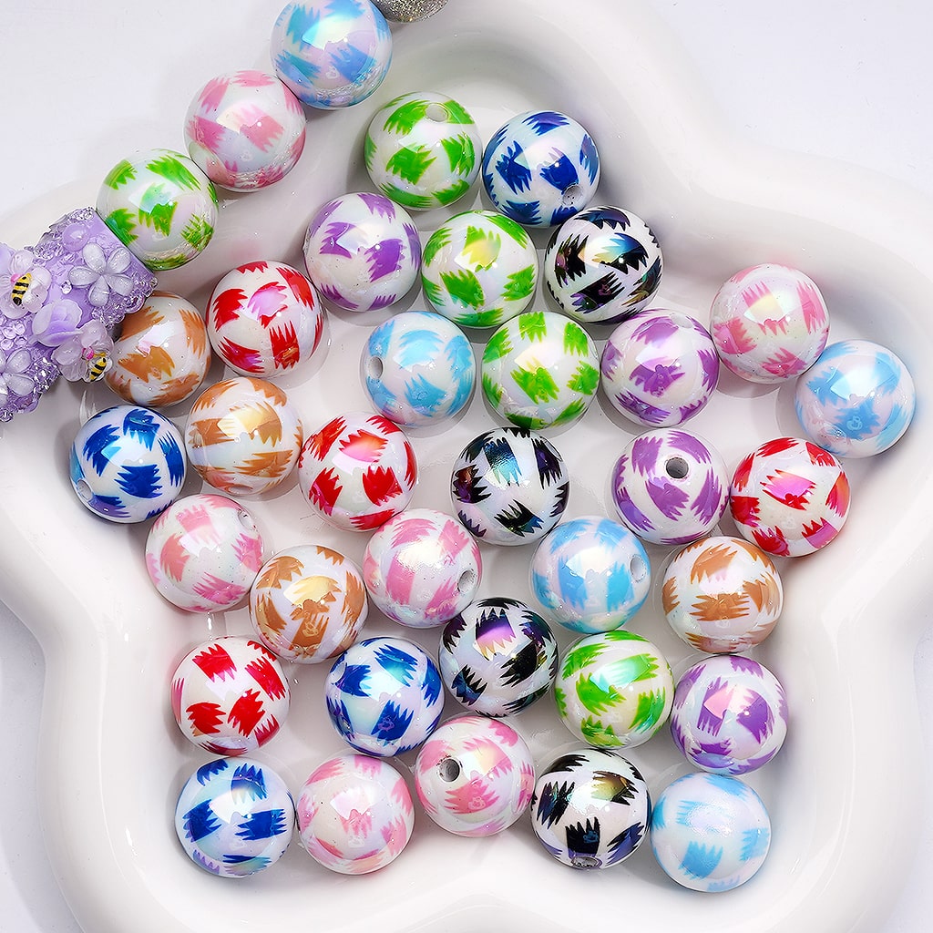 UV Coated Abstract Pen Brush Print Multi-Color Round Acrylic Beads 16mm (Single Color is available for 200pcs(Whole Bag))