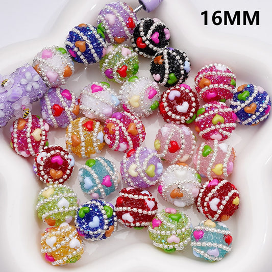 Sparkling Heart Cone Shape with White Pearls Chains Multi-Color Rhinestones Acrylic Beads, 16MM