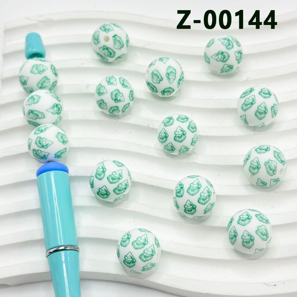 Green Character in a Christmas Hat White Round Printed Silicone Beads 15mm, Number Z-00144