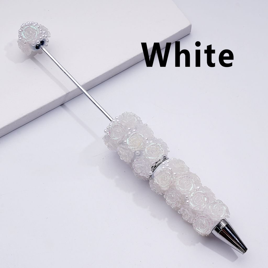 Beadable Clay Pen with Shiny Glitter Flowers & White Pearls DIY Glam Stationery Accent