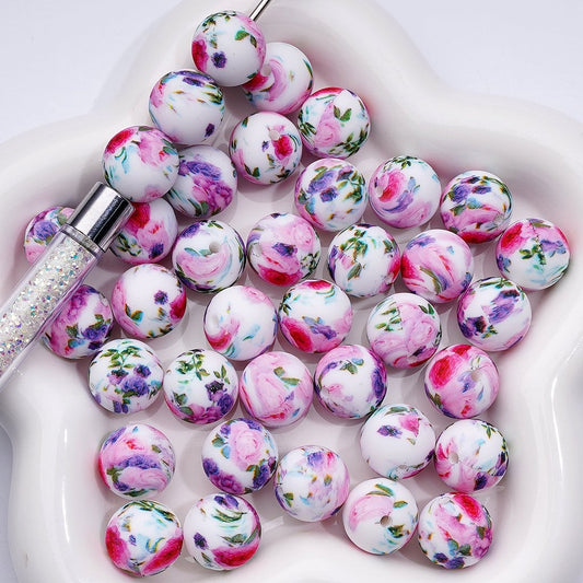 Silicone Beads with Red, Pink & Purple Flowers and Green Leaves Print, 15MM, Z-00222