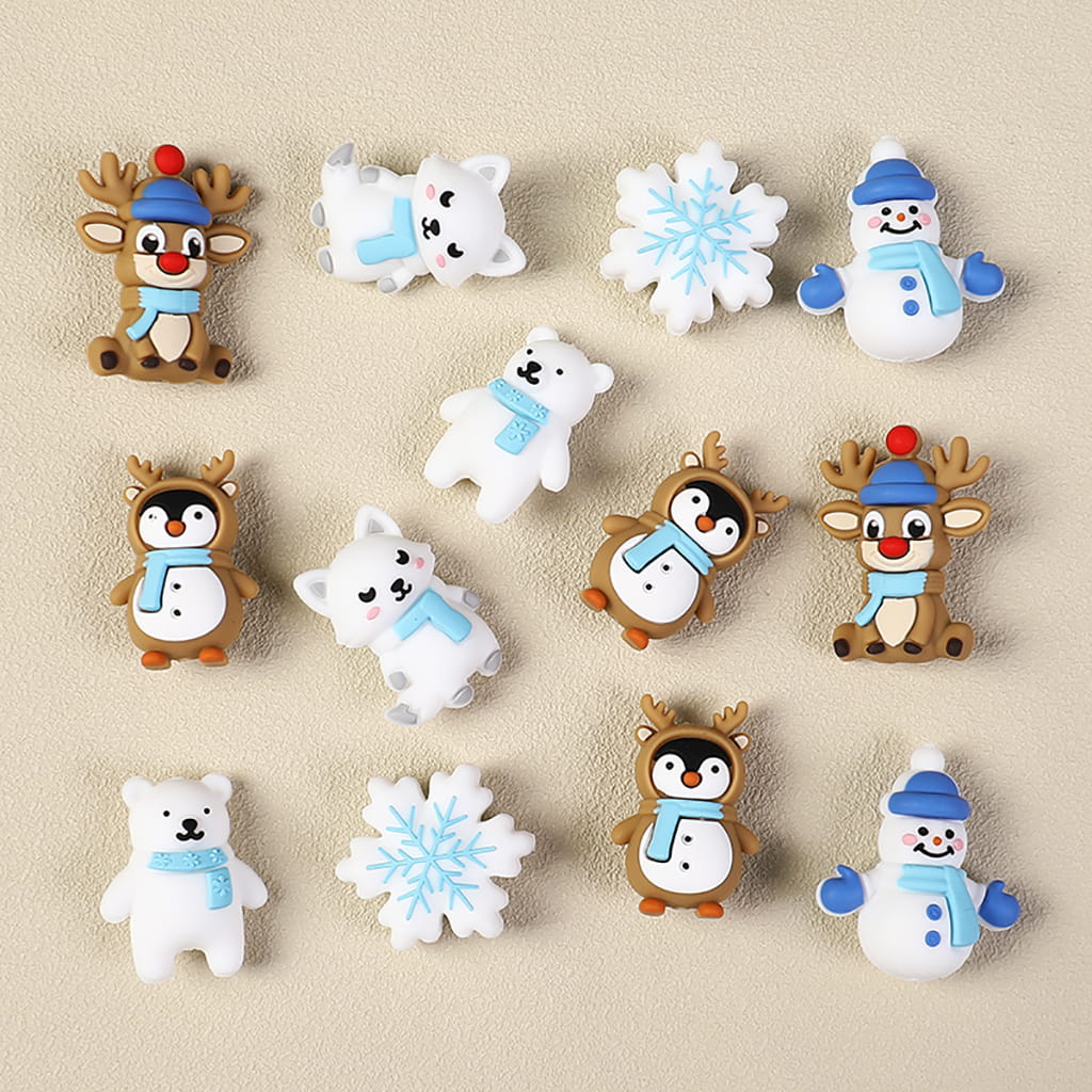 Silicone Focal Beads 3D Winter Christmas Theme, Animals, Snowflake & Snowman