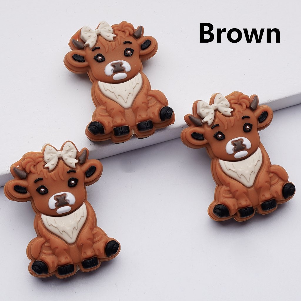 Highland Cow Silicone Focal Beads Cute Design with Bowknots & Farm Animal Theme