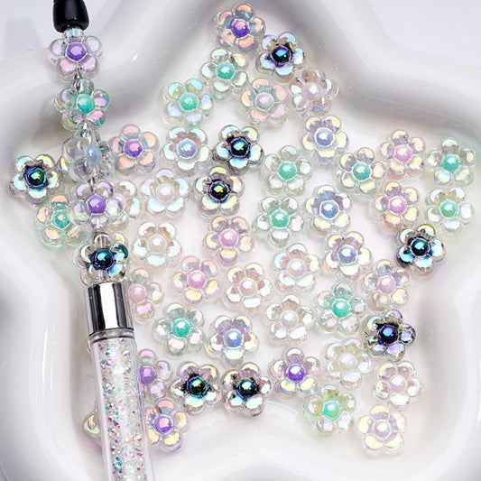 Clear UV Coated Acrylic Beads with Colorful Five-Petaled Flower Design, 13MM, Random Mix