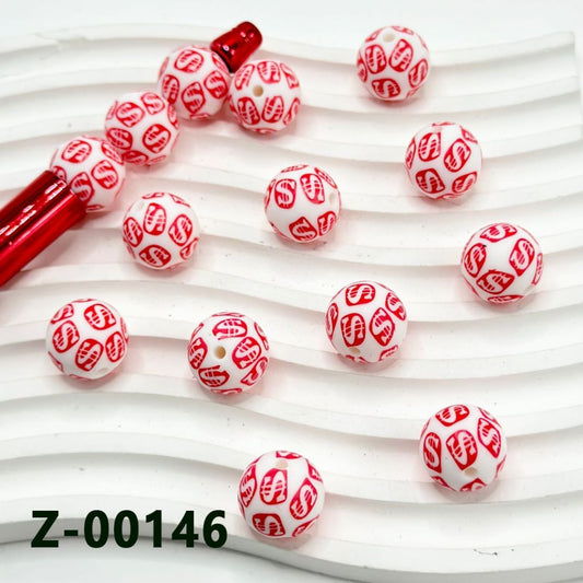 Round Printed Red US Dollar Sign White Silicone Beads 15mm, Number Z-00146