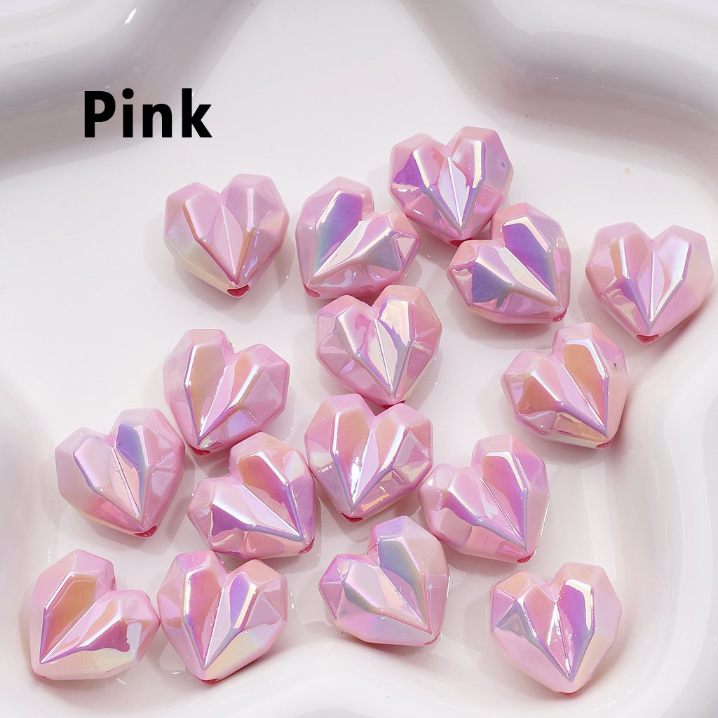 Geometric Heart Acrylic Beads – 16x18MM UV Coated Polyhedron Design, Random Color Mix