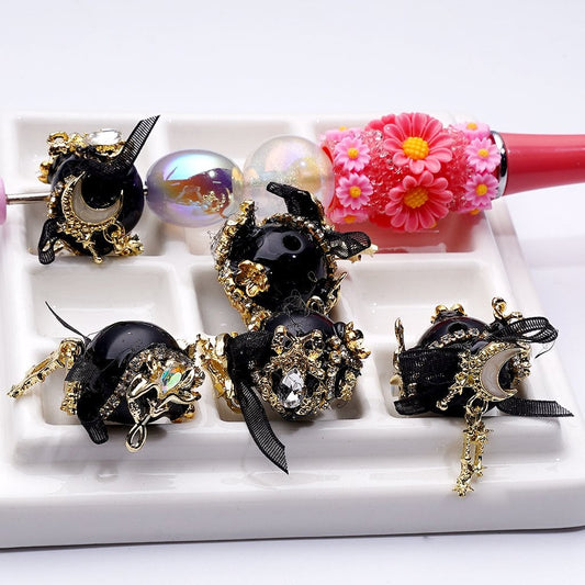 Sparkling Gold Alloy Butterfly & Star Chain – Moon Charm, Clear Rhinestones, Black Fabric Bowknot & Glossy Black Round Acrylic Beads (Approx. 16MM)
