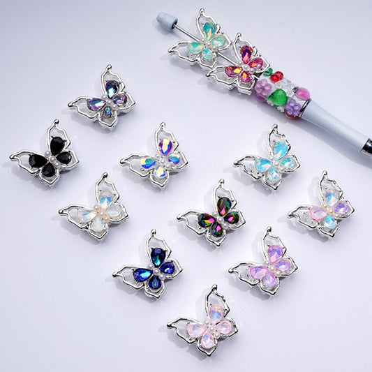 Fancy Silver Alloy Bling Bling Butterfly with Colorful Shiny Rhinestones White Pearls Beads, Around 33*25MM