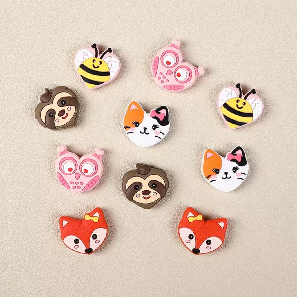 Owls Cats Sloths Foxes Bees Love Cute Heart Animals Silicone Focal Beads