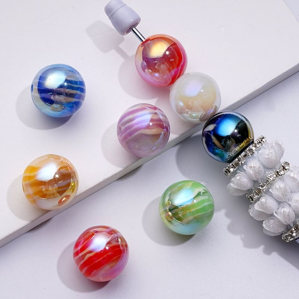 Round Acrylic Beads with UV Gloss and Colorful Art Stripes 16MM