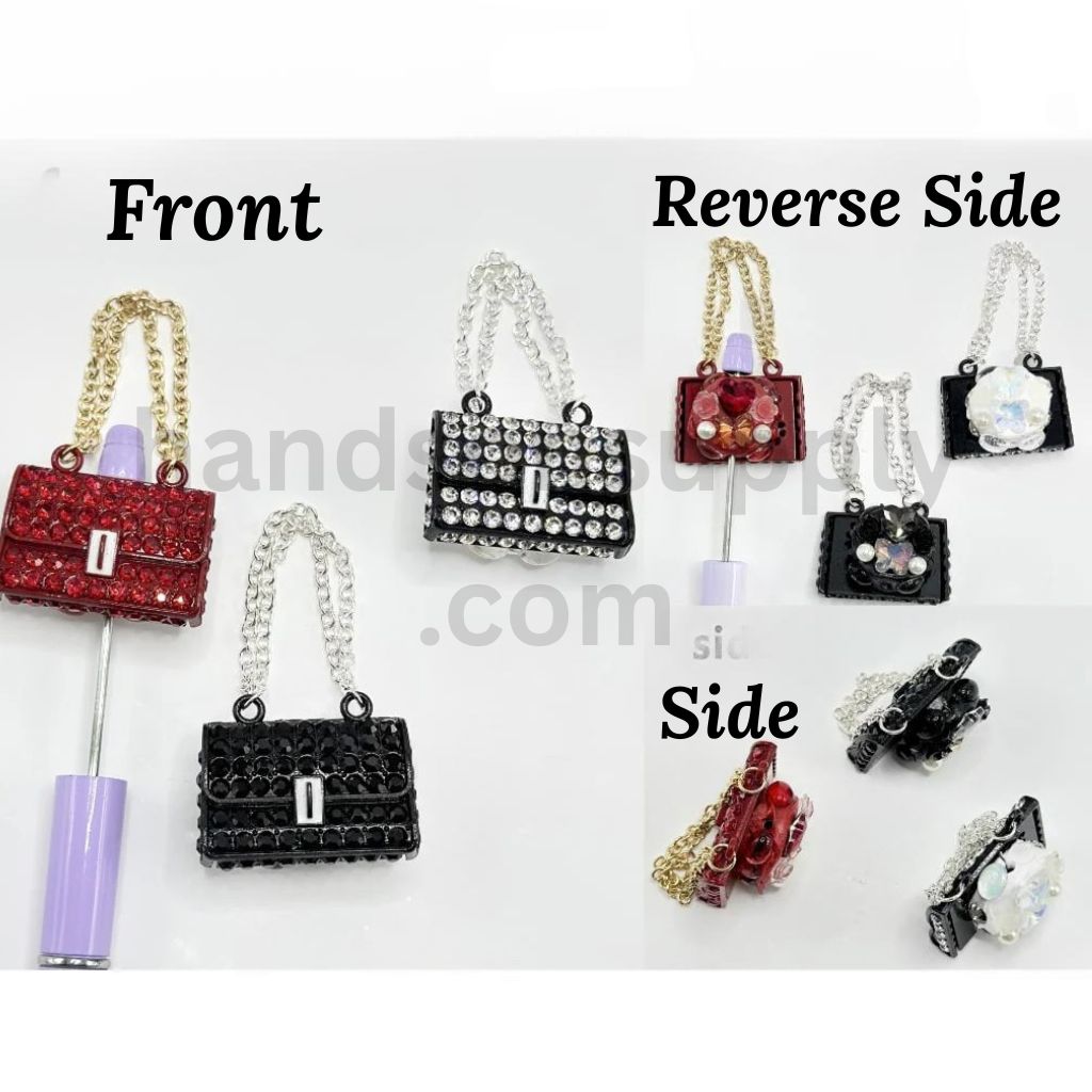 Bling Lady Handbag Clay Beads Rhinestones Pearls, Flowers & Butterfly Heart Charm with Hanging Chain Clay Beads, Around 68MM Long (Including the Hanging Chain)