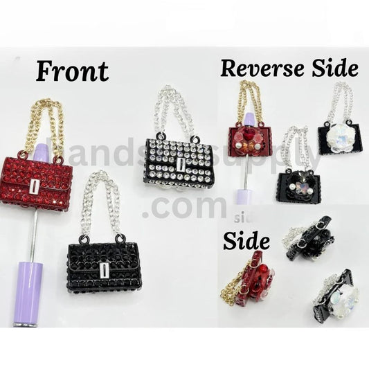 Bling Lady Handbag Clay Beads Rhinestones Pearls, Flowers & Butterfly Heart Charm with Hanging Chain Clay Beads, Around 68MM Long (Including the Hanging Chain)