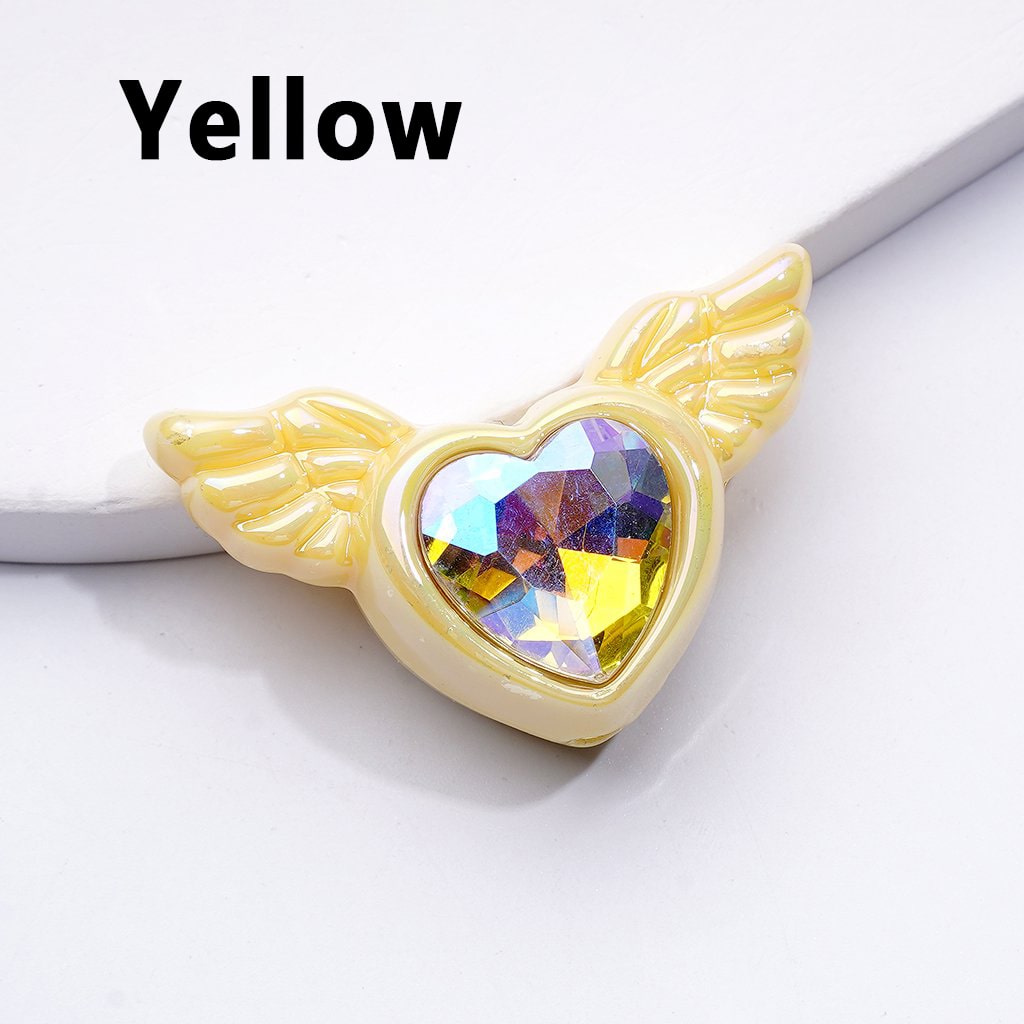Radiant UV-Coated Acrylic Heart Beads with Elegant Angel Wings & Sparkling K9 Rhinestones, Approx. 40×26MM