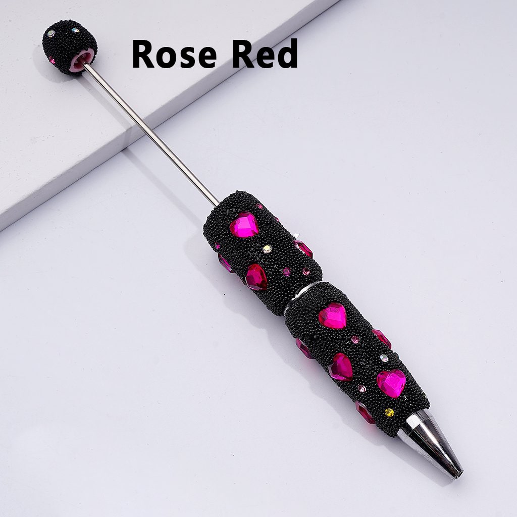Clay Beadable Pens – Covered in Mini Rhinestones, Shiny Heart Accents & Black Snowball Texture