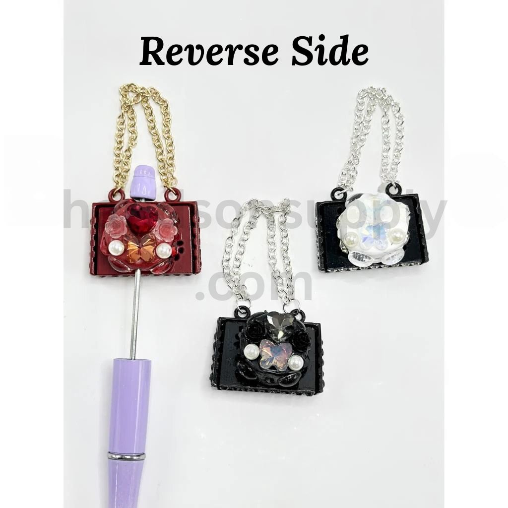 Bling Lady Handbag Clay Beads Rhinestones Pearls, Flowers & Butterfly Heart Charm with Hanging Chain Clay Beads, Around 68MM Long (Including the Hanging Chain)