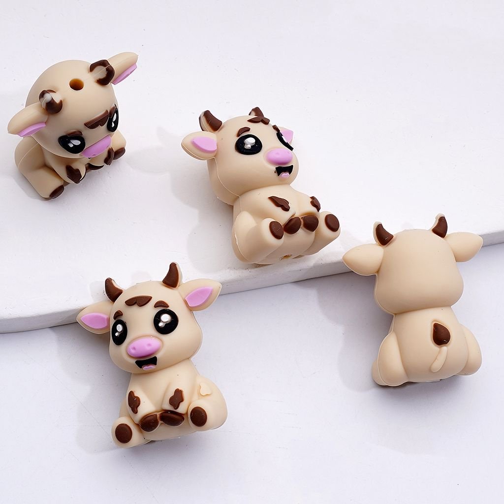 3D Cute Cow Charms in Multi-Color Farm Animal Silicone Focal Beads, Random Mix